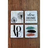 Begoloni Doğal Taş Bardak Altlığı 4'lü Set - Home - Love Desenler Baskılı Stone Coasters - 10 x 10 x 1 cm