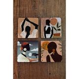 Begoloni Doğal Taş Bardak Altlığı 4'lü Set - Kadın Figürleri Desenli - Stone Coasters - 10 x 10 x 1 cm