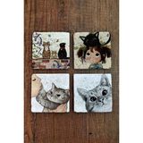Begoloni Doğal Taş Bardak Altlığı 4'lü Set - Kedi Desenli - Stone Coasters - 10 x 10 x 1 cm
