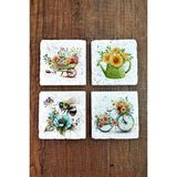 Begoloni Doğal Taş Bardak Altlığı Çiçek Desenler Baskılı 4'lü Set - 10 x 10 x 1 cm