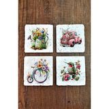 Begoloni Doğal Taş Bardak Altlığı Çiçek Temalı Desenler Baskılı 4'lü Set - 10 x 10 x 1 cm