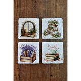 Begoloni Doğal Taş Bardak Altlığı - Doğa & Kitap Temalı Stone Coasters - 10 x 10 x 1 cm