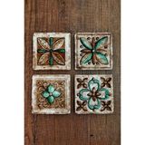 Begoloni Doğal Taş Bardak Altlığı Hint Desenler Baskılı 4'lü Set - 10 x 10 x 1 cm