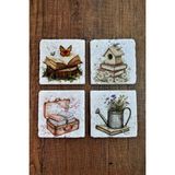 Begoloni Doğal Taş Bardak Altlığı - Kitap & Doğa Temalı 10X10XM Stone Coasters - 10 x 10 x 1 cm