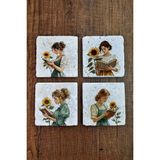 Begoloni Doğal Taş Bardak Altlığı -Kitap Okuyan Kız & Ayçiçeği Temalı Stone Coasters - 10 x 10 x 1 cm