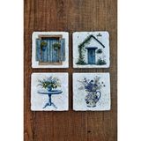 Begoloni Doğal Taş Bardak Altlığı - Köy & Nostalji Temalı Mavi Tonlar - Stone Coasters - 10 x 10 x 1 cm