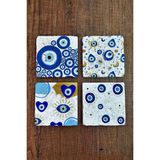 Begoloni Doğal Taş Bardak Altlığı Nazar Boncuğu Baskılı 4'lü Set - Evil Eye Stone Coasters - 10 x 10 x 1 cm