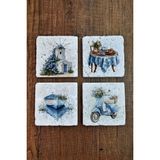 Begoloni Doğal Taş Bardak Altlığı - Nostalji Temalı Mavi Tonlar - Stone Coasters