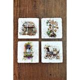 Begoloni Doğal Taş Bardak Altlığı Nostaljik Desenler Baskılı 4'lü Set - 10 x 10 x 1 cm