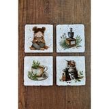 Begoloni Doğal Taş Bardak Altlığı Sevimli Kız ve Kedi Kahve Temalı -10X10CM Stone Coasters - 10 x 10 x 1 cm