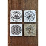 Begoloni Doğal Taş Bardak Altlığı Uv Baskılı 4'lü Set - Hayat Ağacı Yaşam Çiçeği Sri Yantra - Stone Coasters - 10 x 10 x 1 cm