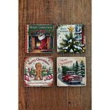 Begoloni Doğal Taş Bardak Altlığı - Vintage Christmast Baskılı 10X10CM Yeni Yıl Stone Coasters 506 - 10 x 10 x 1 cm