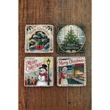 Begoloni Doğal Taş Bardak Altlığı - Vintage Christmast Baskılı 10X10CM Yeni Yıl Stone Coasters 513 - 10 x 10 x 1 cm