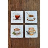 Begoloni Kahve Temalı Doğal Taş Bardak Altlığı - Stone Coasters - 10 x 10 x 1 cm
