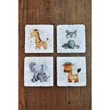 Begoloni Sevimli Çizgi Hayvanlar Temalı Doğal Taş Bardak Altlığı - Stone Coasters - 10 x 10 x 1 cm