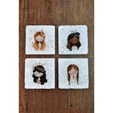 Begoloni Sevimli Kızlar Temalı Doğal Taş Bardak Altlığı - Stone Coasters - 10 x 10 x 1 cm