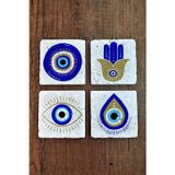 Begoloni Stone Decor Baskılı Doğal Taş Bardak Altlığı 4'lü Set 10x10x1 Cm Nazar Boncuğu Desenli - Stone Coasters