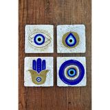 Begoloni Stone Decor Baskılı Doğal Taş Bardak Altlığı 4'lü Set 10x10x1 Cm Nazar Boncuğu Desenli