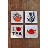Begoloni Stone Decor Doğal Taş Bardak Altlığı 10x10x1cm 4'lü Set - Çay Temalı Baskılı Stone Coasters