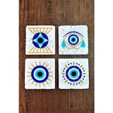 Begoloni Stone Decor Doğal Taş Bardak Altlığı 4'lü Set 10x10x1 cm Nazar Boncuğu Desenli - EvilEye Stone Coasters 352