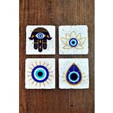 Begoloni Stone Decor Doğal Taş Bardak Altlığı 4'lü Set 10x10x1 cm Nazar Boncuğu Desenli - EvilEye Stone Coasters 353