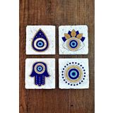 Begoloni Stone Decor Doğal Taş Bardak Altlığı 4'lü Set 10x10x1 cm Nazar Boncuğu Desenli - EvilEye Stone Coasters 355