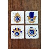 Begoloni Stone Decor Doğal Taş Bardak Altlığı 4'lü Set 10x10x1 cm Nazar Boncuğu Desenli - EvilEye Stone Coasters 356