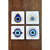 Begoloni Stone Decor Doğal Taş Bardak Altlığı 4'lü Set 10x10x1 cm Nazar Boncuğu Desenli - EvilEye Stone Coasters