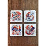 Begoloni Stone Decor Doğal Taş Bardak Altlığı 4'lü Set 10x10x1 cm Renkli Balık Desenleri -Stone Coasters