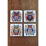 Begoloni Stone Decor Doğal Taş Bardak Altlığı 4'lü Set 10x10x1 cm Renkli Baykuş Desenler -Stone Coasters