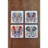 Begoloni Stone Decor Doğal Taş Bardak Altlığı 4'lü Set 10x10x1 cm Renkli Fil Baskılı -Stone Coasters
