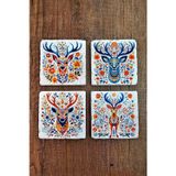 Begoloni Stone Decor Doğal Taş Bardak Altlığı 4'lü Set 10x10x1 cm Renkli Geyik Desen Baskılı-Stone Coasters