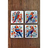 Begoloni Stone Decor Doğal Taş Bardak Altlığı 4'lü Set 10x10x1 Cm Renkli Papağan Desenleri -stone Coasters