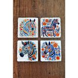 Begoloni Stone Decor Doğal Taş Bardak Altlığı 4'lü Set 10x10x1 cm Renkli Zebra Baskılı -Stone Coasters