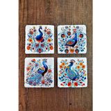 Begoloni Stone Decor Doğal Taş Bardak Altlığı 4'lü Set 10x10x1 cmRenkli Tavus Kuşları Baskılı-Stone Coasters