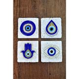 Begoloni Stone Decor Doğal Taş Bardak Altlığı 4'lü Set - Nazar Boncuğu - Stone Coasters
