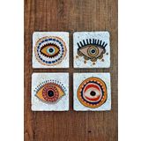 Begoloni Stone Decor Doğal Taş Bardak Altlığı 4'lü Set - Nazarlık- Nazar Göz Baskılı Stone Coasters