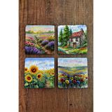 Begoloni Stone Decor Doğal Taş Bardak Altlığı - Çiçek Bahçesi Baskılı Bardak Altlığı 10x10cm Ai Stone Coasters 577