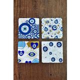 Begoloni Stone Decor Doğal Taş Bardak Altlığı Nazar Boncuğu Baskılı 4'lü Set - Evil Eye Stone Coasters