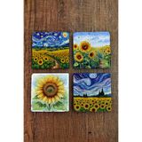 Begoloni Stone Decor Doğal Taş Bardak Altlığı - Papatya Desenler Baskılı Bardak Altlığı 10x10cm Ai Stone Coasters 573