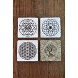 Begoloni Stone Decor Doğal Taş Bardak Altlığı Uv Baskılı 4'lü Set - Hayat Ağacı Yaşam Çiçeği Sri Yantra - Stone Coasters
