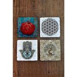 Begoloni Stone Decor Doğal Taş Bardak Altlığı Uv Baskılı 4'lü Set - Nar, Yaşam Çiçeği, Nazar, Hayat Ağacı Stone Coasters