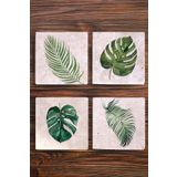 Begoloni Stone Decor Doğal Taş Bardak Altlığı Uv Baskılı 4'lü Set Yaprak Desenleri - Stone Coasters