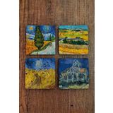 Begoloni Stone Decor Doğal Taş Bardak Altlığı Vinced Van Gogh Eserleri Baskılı Baskılı 4'lü Set 10x10x1cm