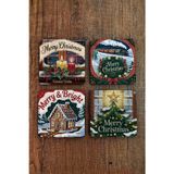 Begoloni Stone Decor Doğal Taş Bardak Altlığı - Vintage Christmast Baskılı 10x10cm Yeni Yıl Stone Coasters 505