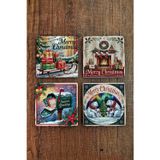 Begoloni Stone Decor Doğal Taş Bardak Altlığı - Vintage Christmast Baskılı 10x10cm Yeni Yıl Stone Coasters 507