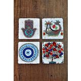Begoloni Stone Decor Taş Bardak Altlığı Nar Ağacı Şahmeran Nazar Hamsa Baskılı Baskılı 4'lü Set - Stone Coasters