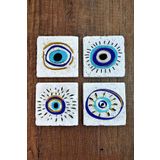 Begoloni Stone Decor Taş Bardak Altlığı Nazar Boncuğu Baskılı Baskılı 4'lü Set - Stone Coasters