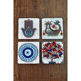 Begoloni Taş Bardak Altlığı Nar Ağacı Şahmeran Nazar Hamsa Baskılı Baskılı 4'lü Set - Stone Coasters - 10 x 10 x 1 cm