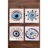 Begoloni Taş Bardak Altlığı Nazar Boncuğu Baskılı 4'lü Set - 10 x 10 x 1 cm
